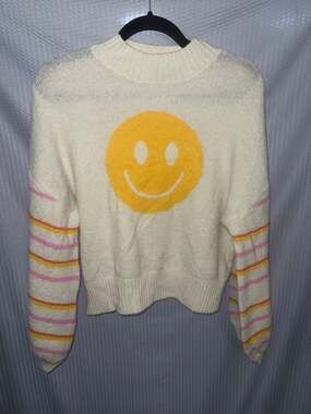 Social Scene Smiley Face Striped Sleeve Sweater Size S